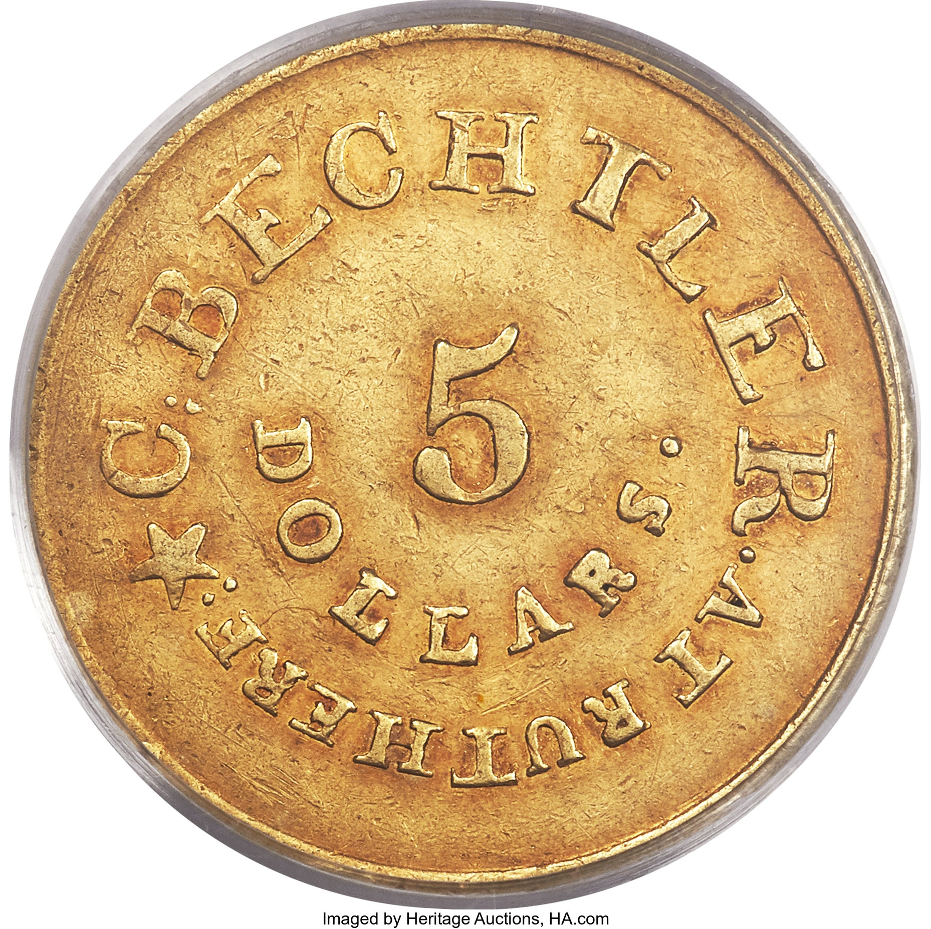 image for: (1837-1842) $5 C. Bechtler Five Dollar, RUTHERF, 128 G., 22 C., AU50 PCGS. K-23, R.5....