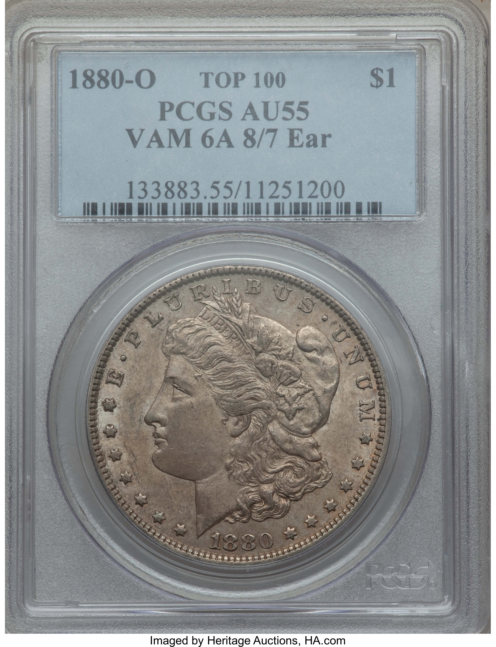 1880-O $1 8 Over 7 Ear, VAM-6A, AU55 PCGS. TOP-100. PCGS Population: (23/146). NGC Census: (26/173). CDN: $35 Whsle. Bid fo...