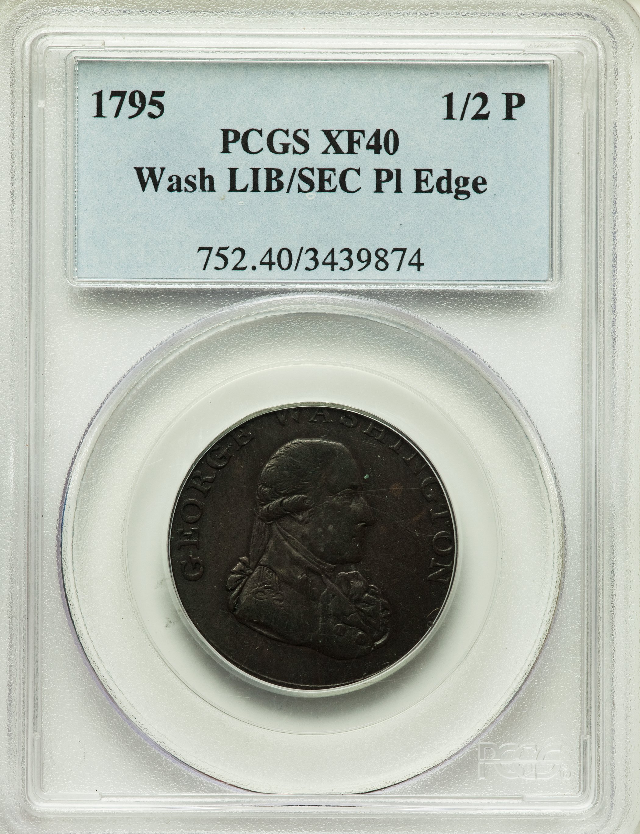 image for: 1795 1/2 P Washington Liberty & Security Halfpenny, Plain Edge XF40 PCGS. PCGS Population: (4/13). NGC Census: (0/1).  ...