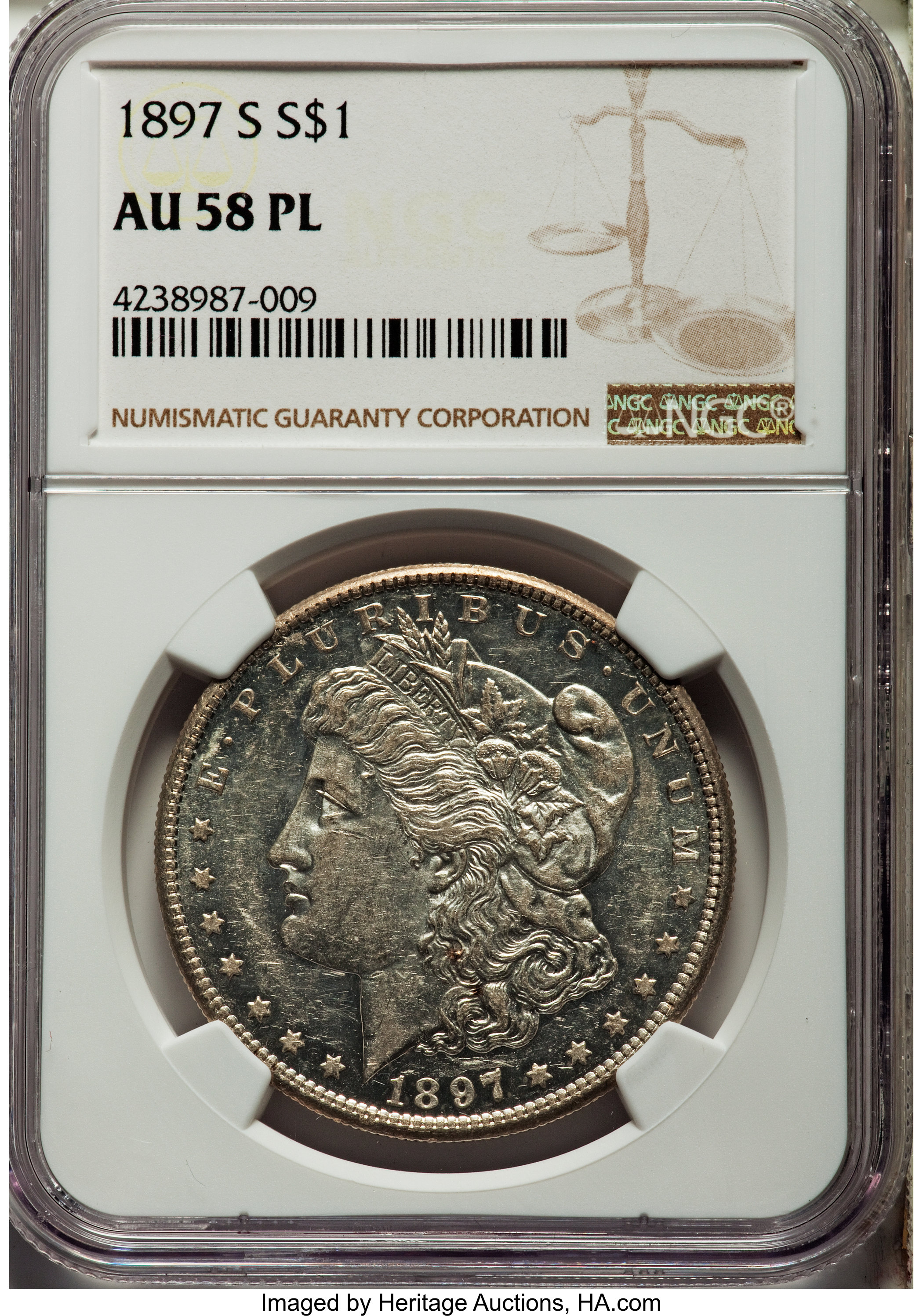 1897-S $1 AU58 Prooflike NGC. NGC Census: (18/716). PCGS Population: (0/1066). Mintage 5,825,000. ...