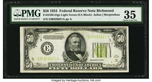 image for: Fr. 2102-E $50 1934 Light Green Seal Federal Reserve Note. PMG Choice Very Fine 35....
