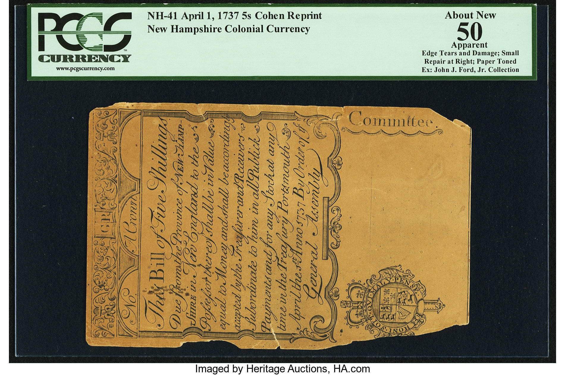 image for: Cohen Reprint New Hampshire April 1, 1737 5s PCGS Apparent About New 50....