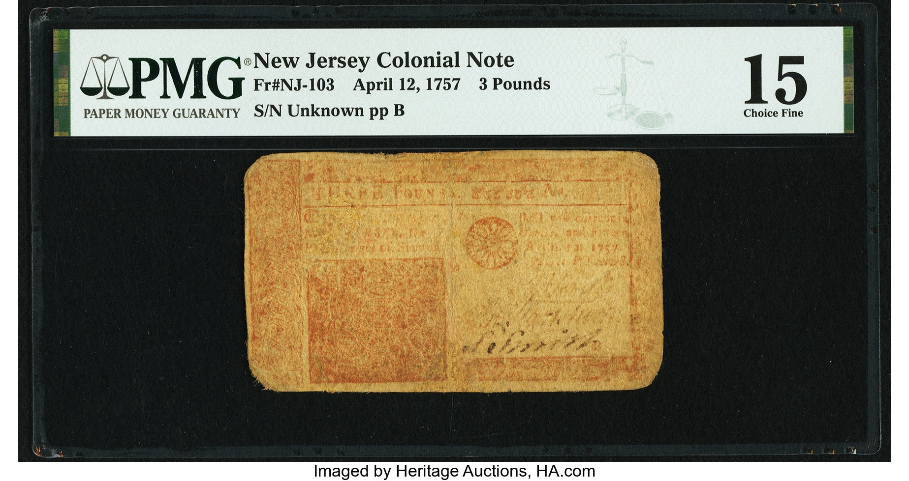 image for: New Jersey April 12, 1757 £3 PMG Choice Fine 15....