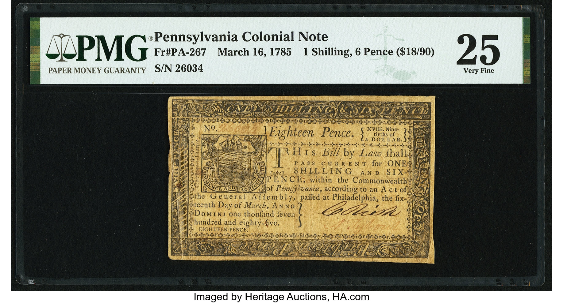 image for: Pennsylvania March 16, 1785 1s 6d PMG Very Fine 25....