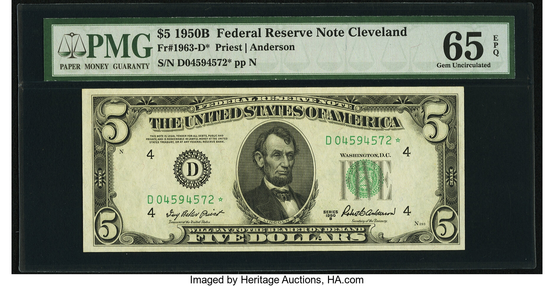 image for: Fr. 1963-D* $5 1950B Federal Reserve Note. PMG Gem Uncirculated 65 EPQ....