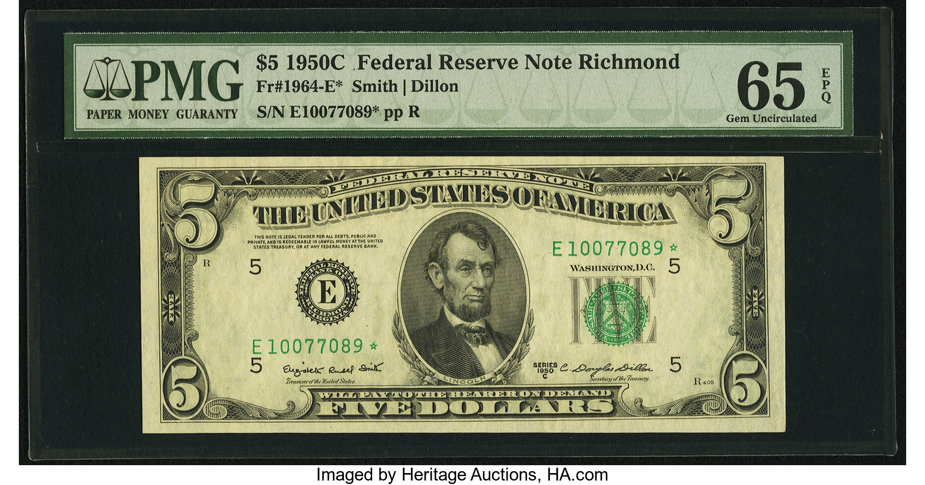image for: Fr. 1964-E* $5 1950C Federal Reserve Note. PMG Gem Uncirculated 65 EPQ....