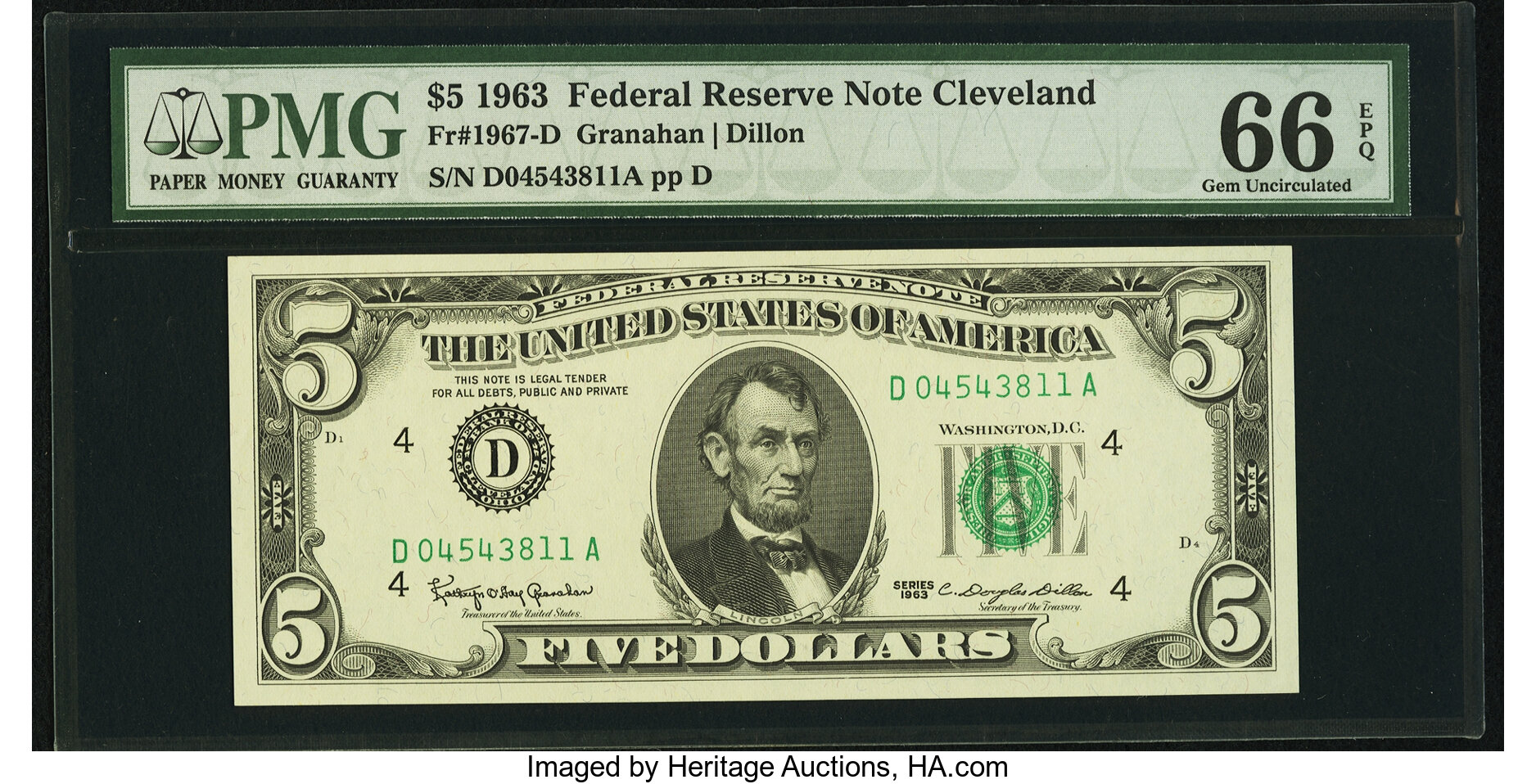 image for: Fr. 1967-D $5 1963 Federal Reserve Note. PMG Gem Uncirculated 66 EPQ....