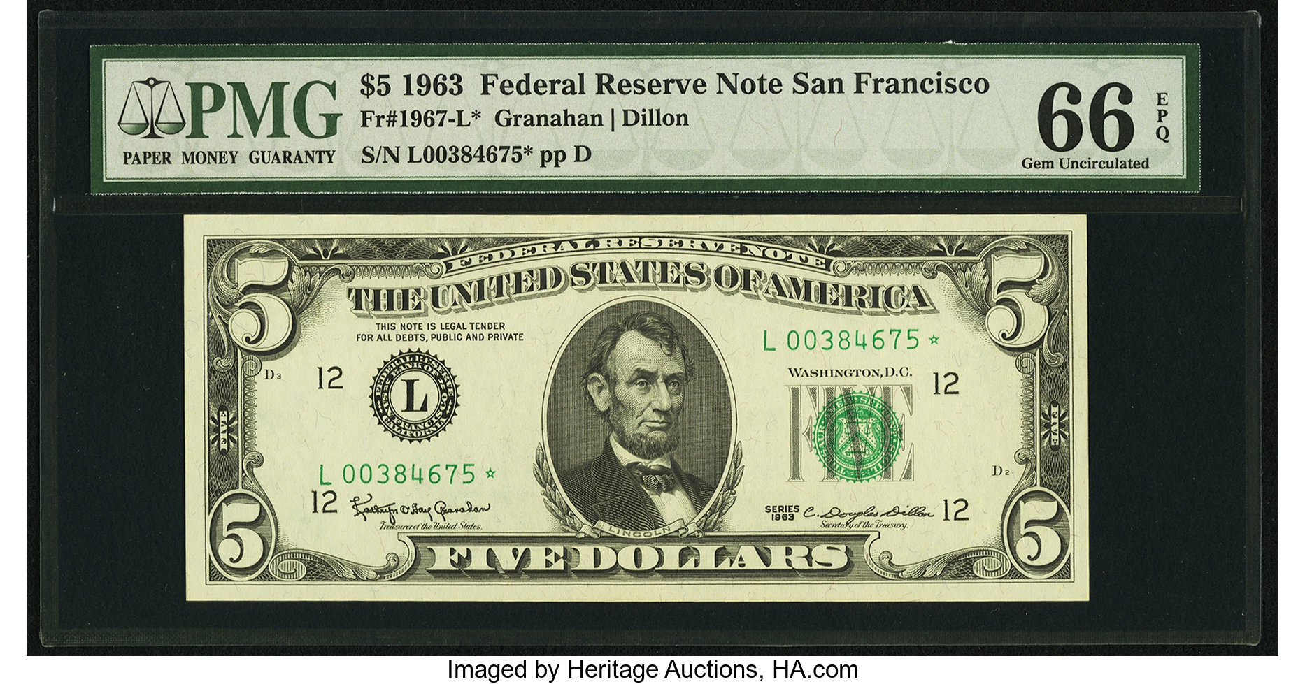 image for: Fr. 1967-L* $5 1963 Federal Reserve Note. PMG Gem Uncirculated 66 EPQ....