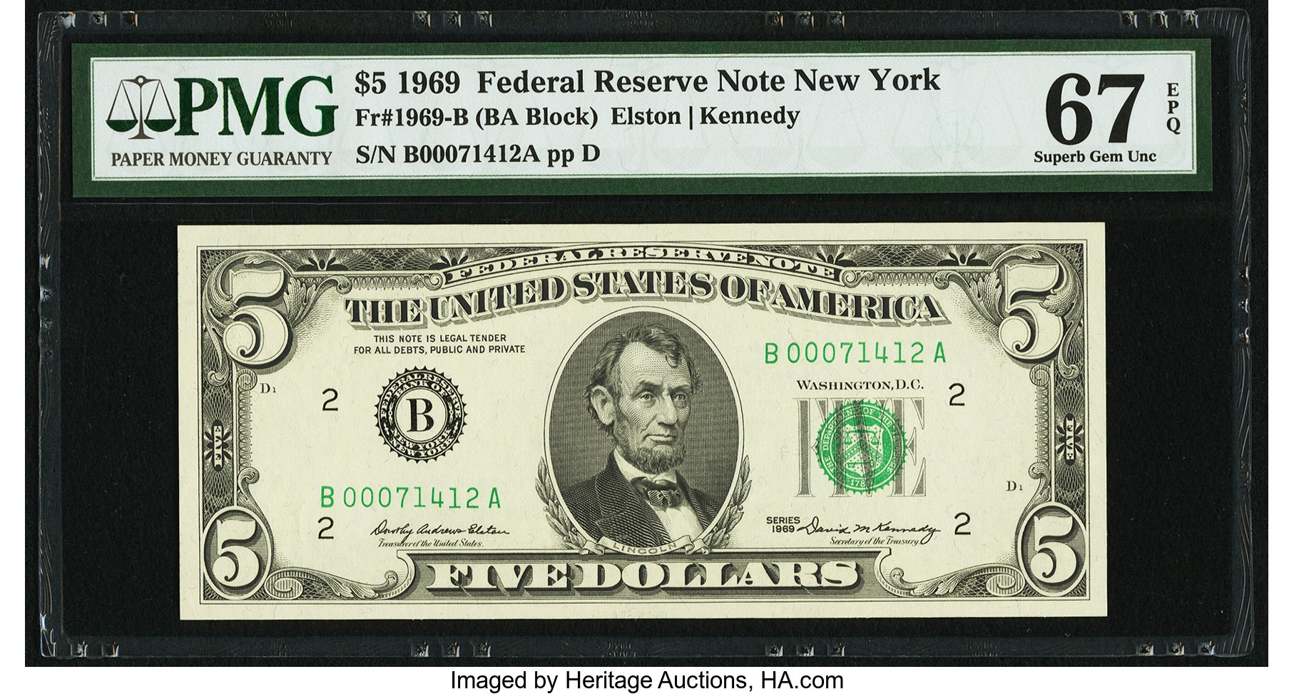 image for: Fr. 1969-B $5 1969 Federal Reserve Note. PMG Superb Gem Unc 67 EPQ....