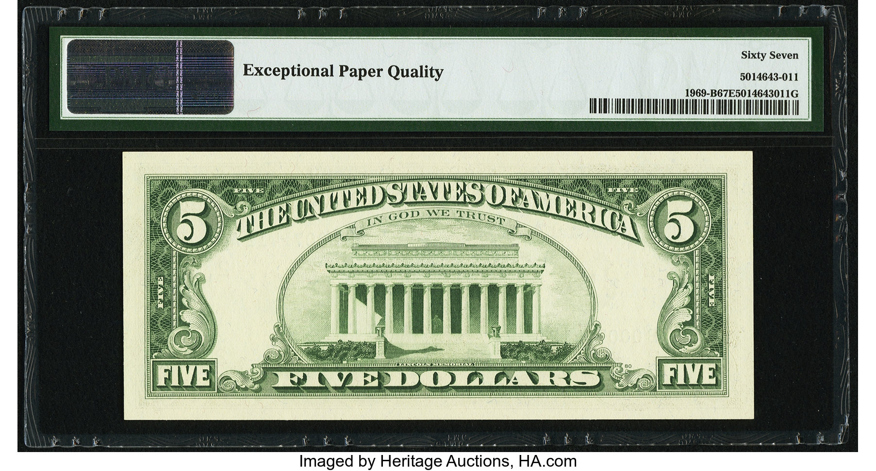 image for: Fr. 1969-B $5 1969 Federal Reserve Note. PMG Superb Gem Unc 67 EPQ....