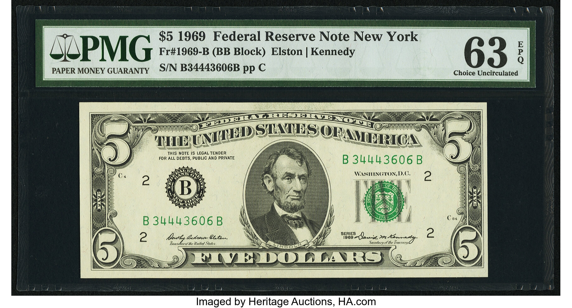 image for: Fr. 1969-B $5 1969 Federal Reserve Note. PMG Choice Uncirculated 63 EPQ....