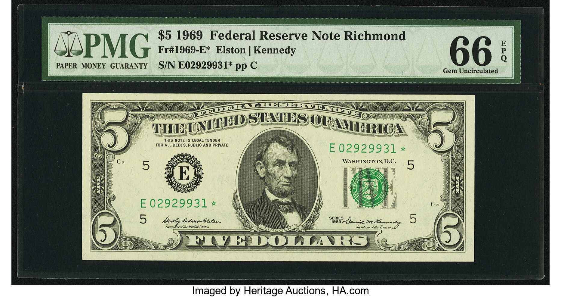 image for: Fr. 1969-E* $5 1969 Federal Reserve Note. PMG Gem Uncirculated 66 EPQ....