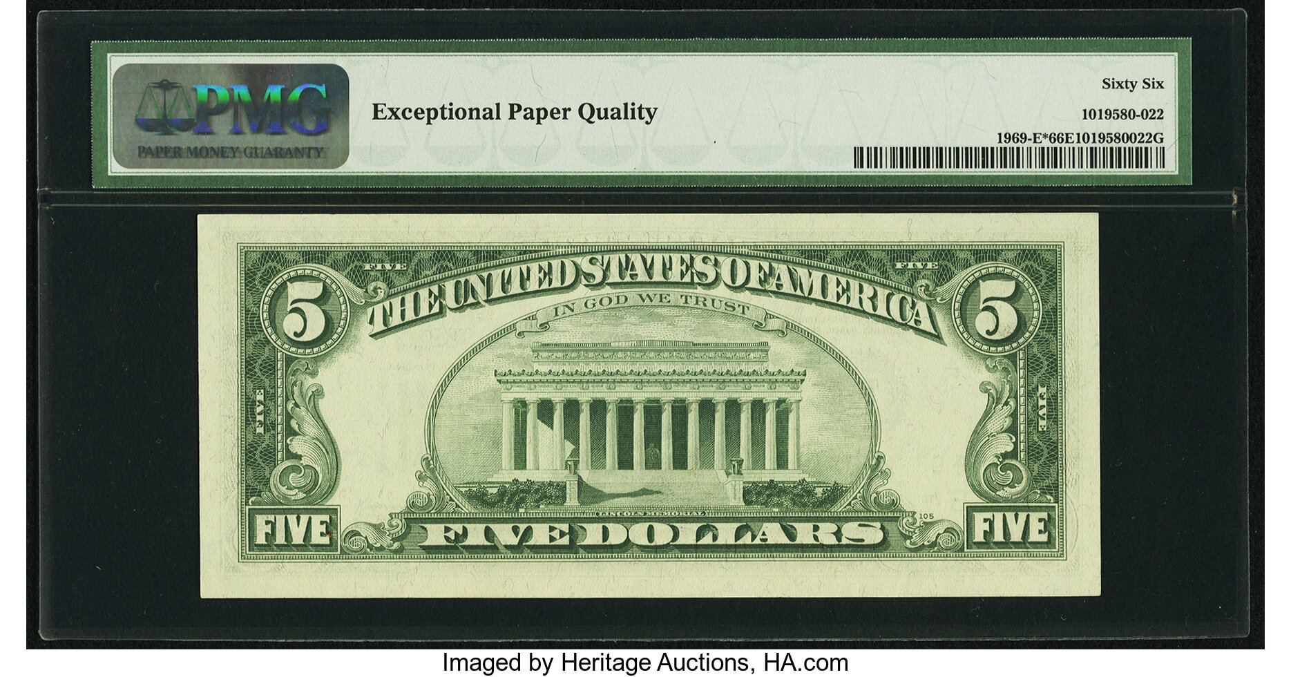image for: Fr. 1969-E* $5 1969 Federal Reserve Note. PMG Gem Uncirculated 66 EPQ....