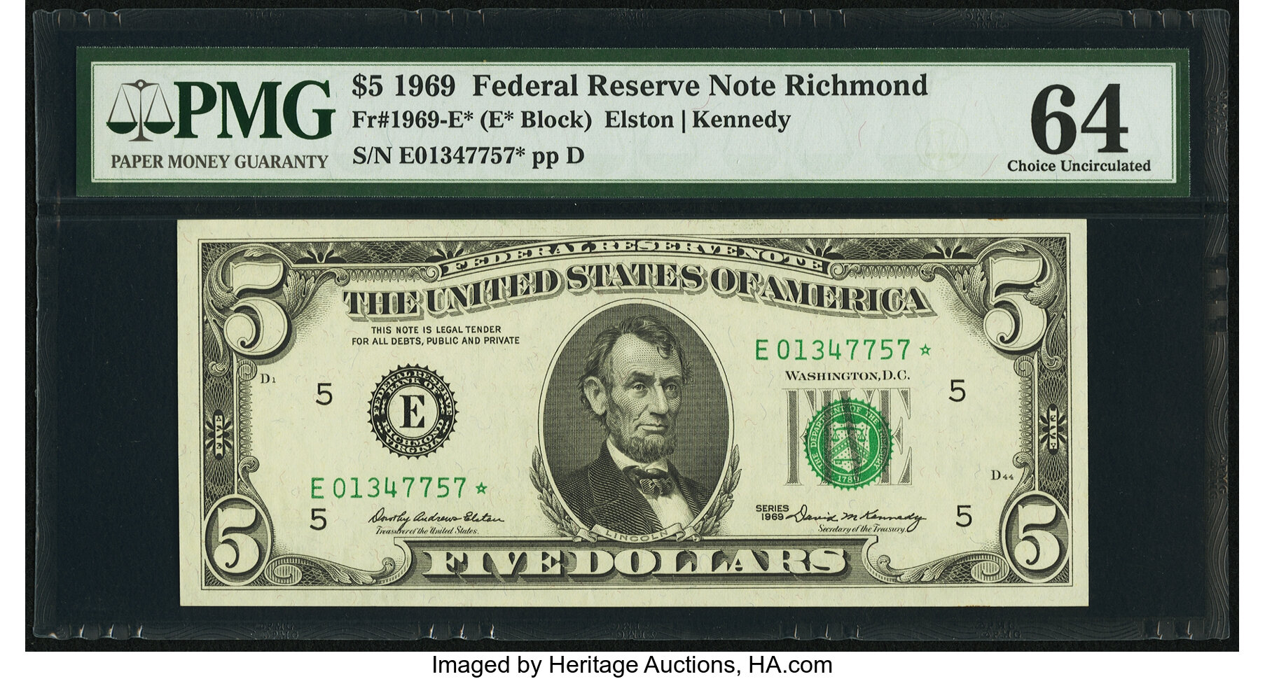 image for: Fr. 1969-E* $5 1969 Federal Reserve Note. PMG Choice Uncirculated 64....