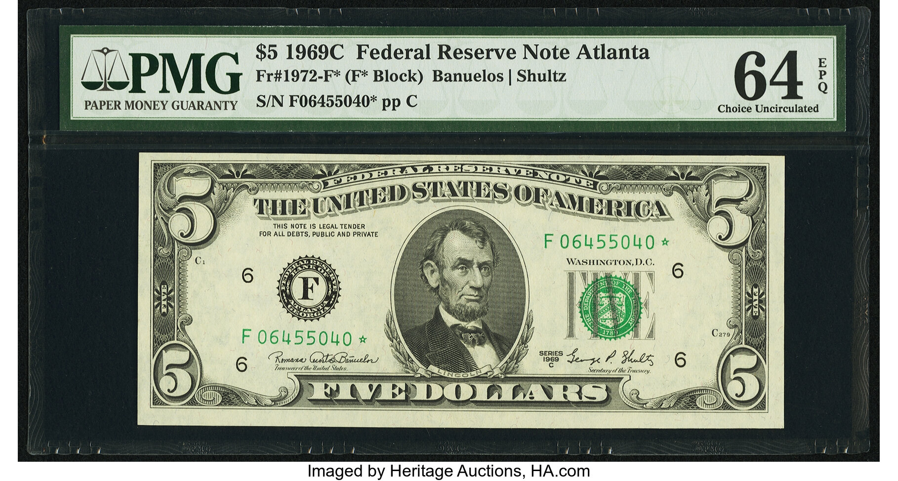 image for: Fr. 1972-F* $5 1969C Federal Reserve Note. PMG Choice Uncirculated 64 EPQ....