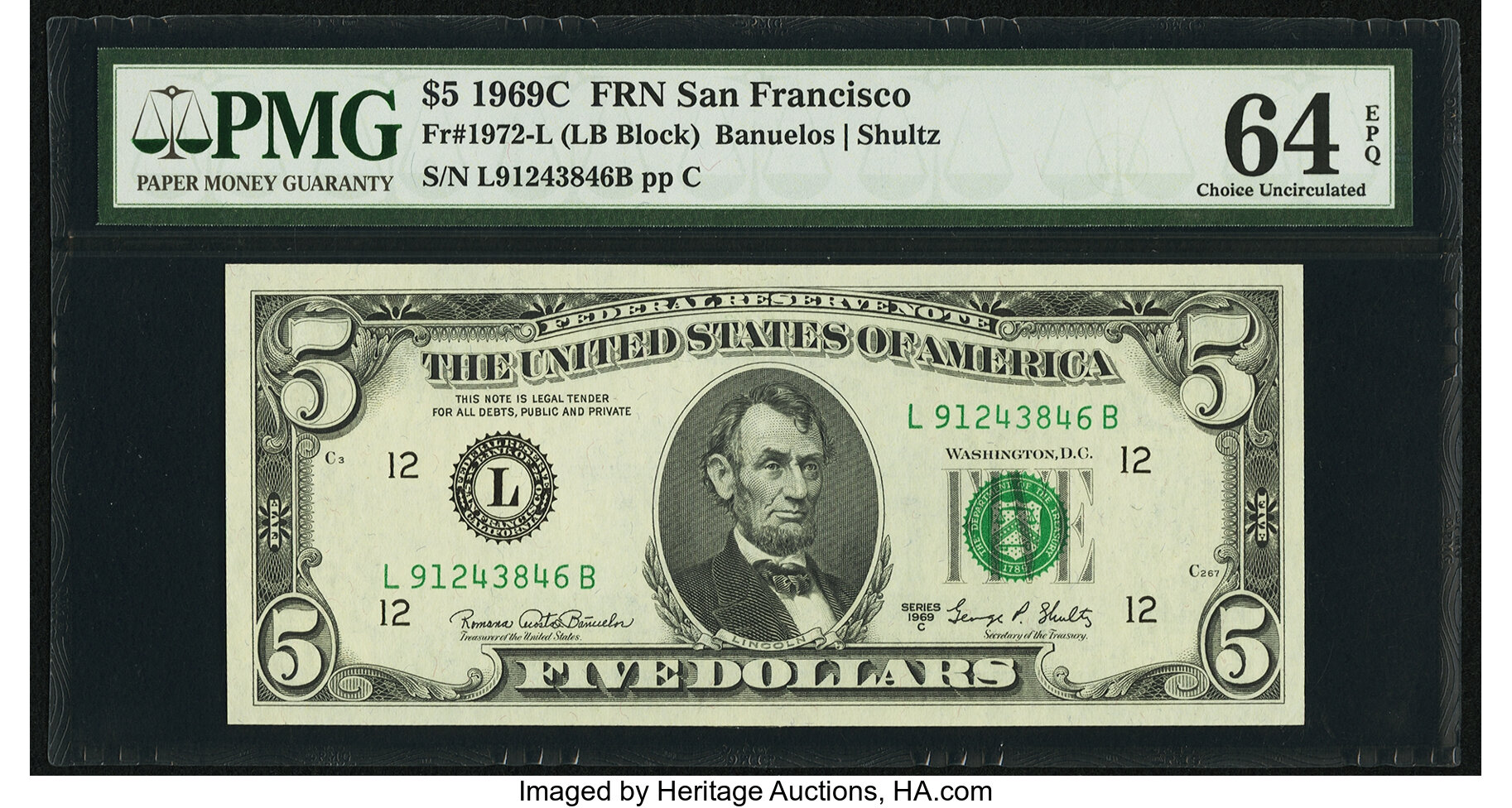 image for: Fr. 1972-L $5 1969C Federal Reserve Note. PMG Choice Uncirculated 64 EPQ....