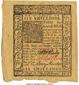 image for: Delaware January 1, 1776 6 Shillings Fr. DE-78. PCGS Gem New 65PPQ....