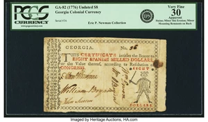 image for: Georgia (1776) Undated $8 Fr. GA-82. PCGS Very Fine 30 Apparent....