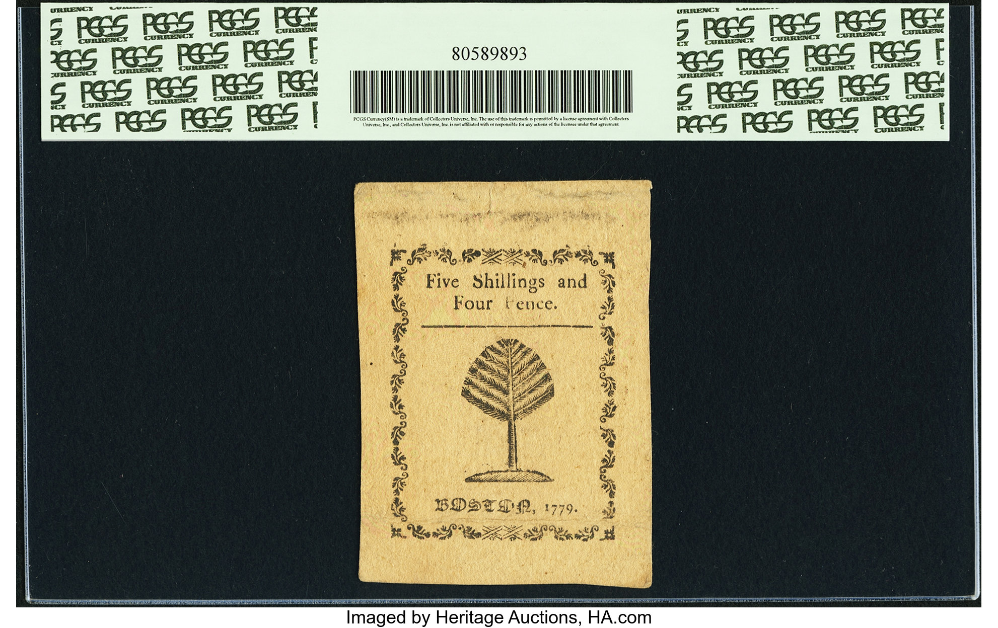 image for: Massachusetts 1779 5 Shillings 4 Pence Fr. MA-276. PCGS About New 53....