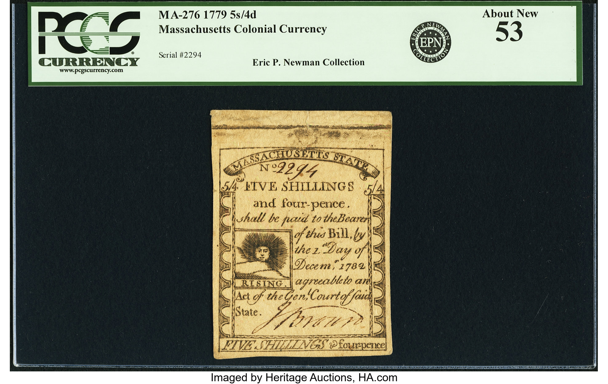 image for: Massachusetts 1779 5 Shillings 4 Pence Fr. MA-276. PCGS About New 53....