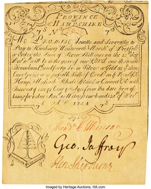 image for: Province of New Hampshire December 25, 1734 Portsmouth Merchants's Note 7 Shillings Fr. NH-38.4. PCGS About New 53....