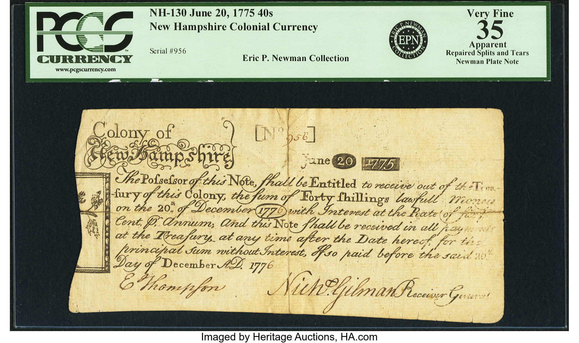 image for: New Hampshire June 20, 1775 40 Shillings Fr. NH-130. PCGS Very Fine 35 Apparent....