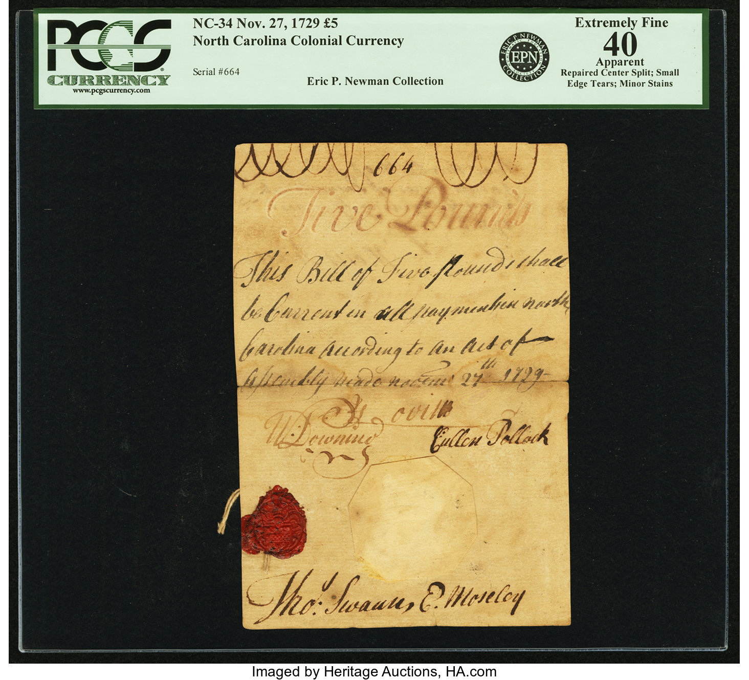 image for: North Carolina November 27, 1729 5 Pounds Handwritten Bill Fr. NC-34. PCGS Extremely Fine 40 Apparent....