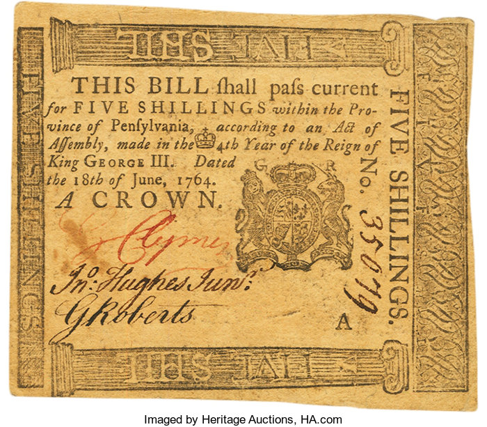 image for: Pennsylvania June 18, 1764 5 Shillings George Clymer Signature Fr. PA-123. PCGS About New 50....