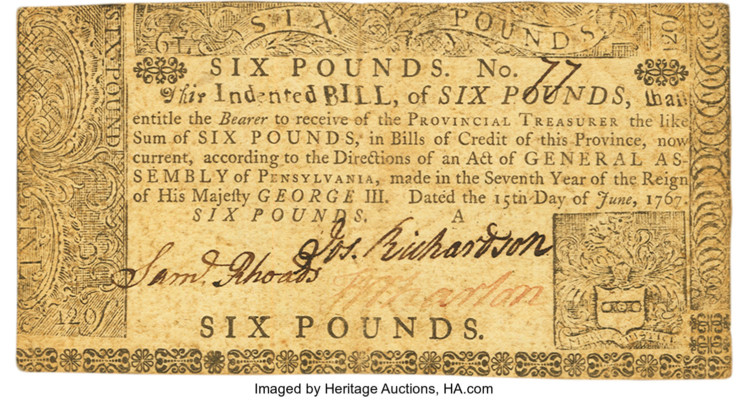 image for: Pennsylvania June 15, 1767 6 Pounds Fr. PA-129. PCGS Very Fine 30PPQ....