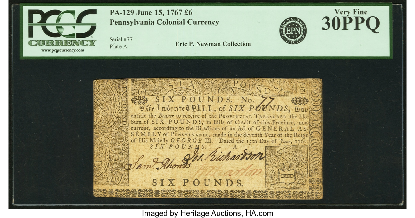 image for: Pennsylvania June 15, 1767 6 Pounds Fr. PA-129. PCGS Very Fine 30PPQ....