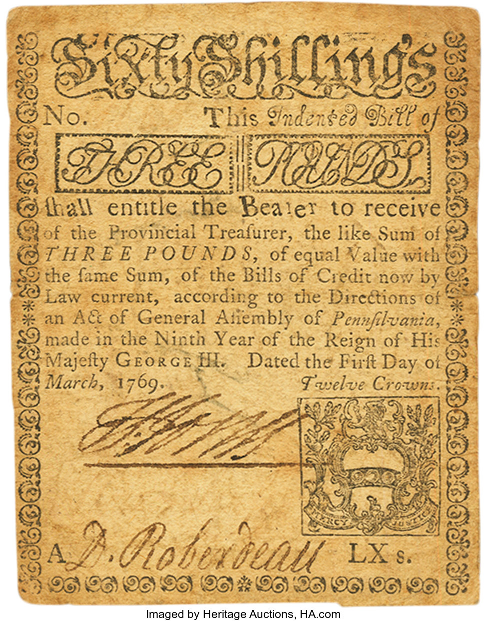 image for: Pennsylvania March 1, 1769 3 Pounds or 60 Shillings Fr. PA-133. PCGS Very Fine 30....