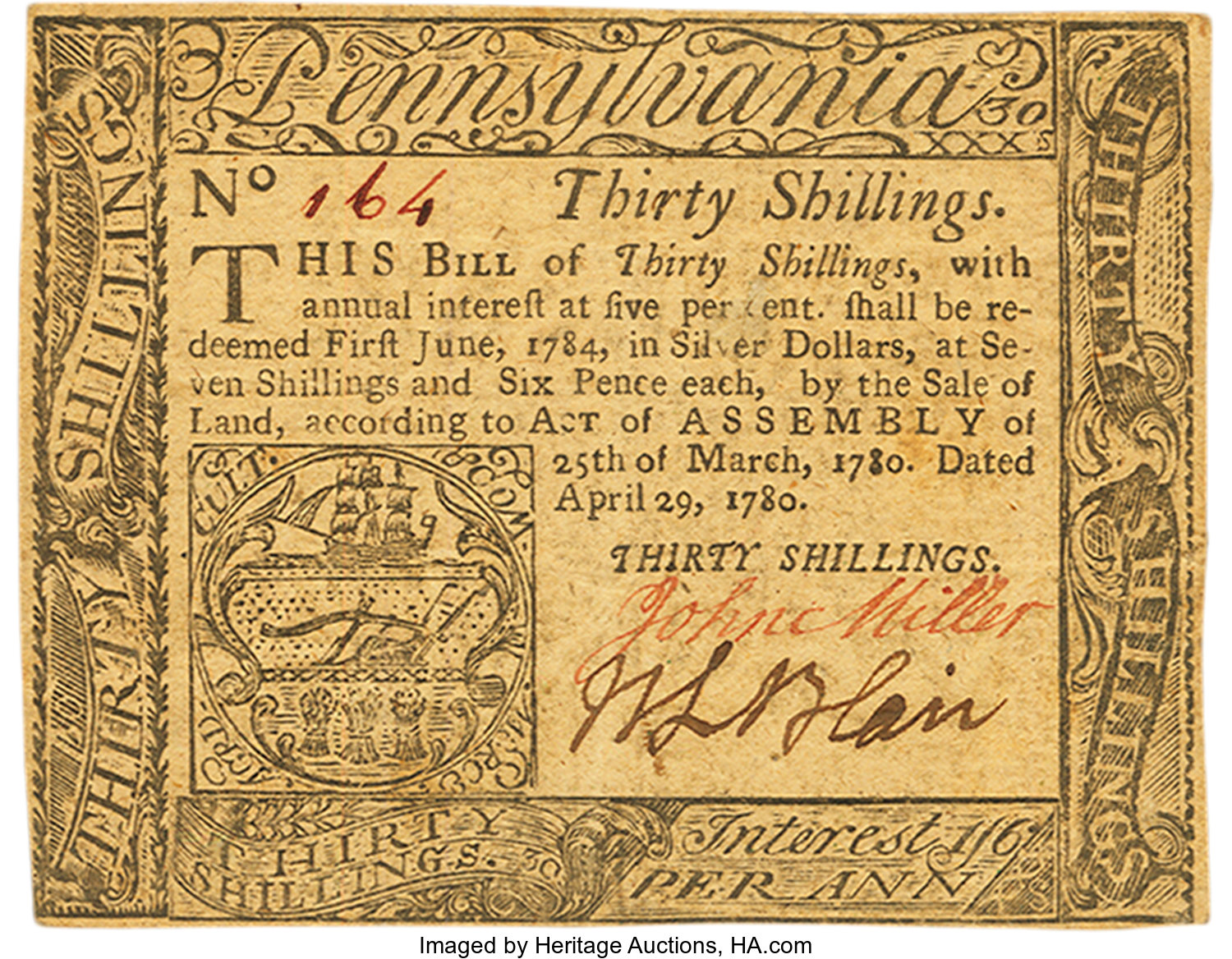 image for: Pennsylvania April 29, 1780 30 Shillings Fr. PA-229. PCGS Extremely Fine 45 Apparent....