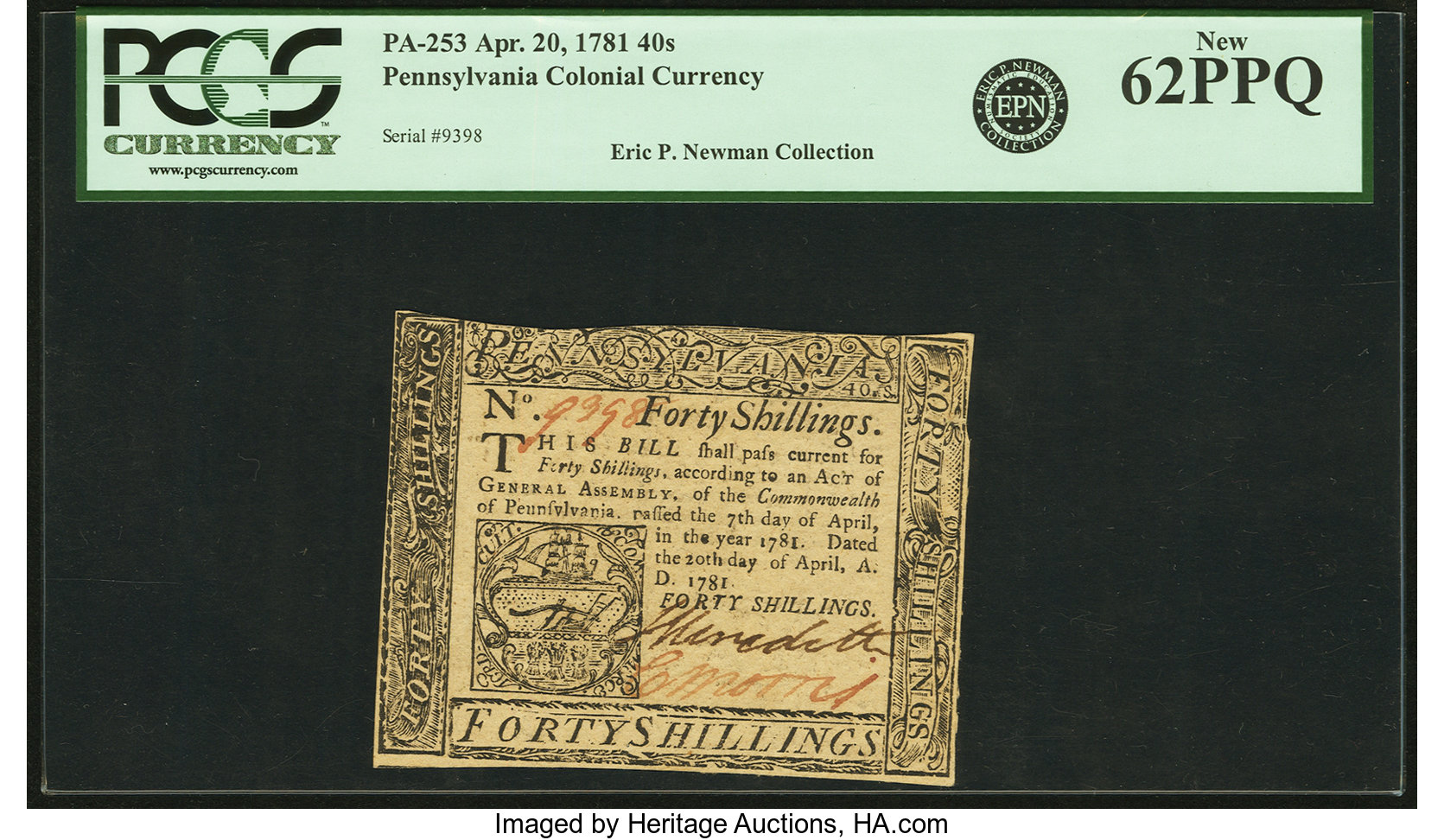 image for: Pennsylvania April 20, 1781 40 Shillings Fr. PA-253. PCGS New 62PPQ....