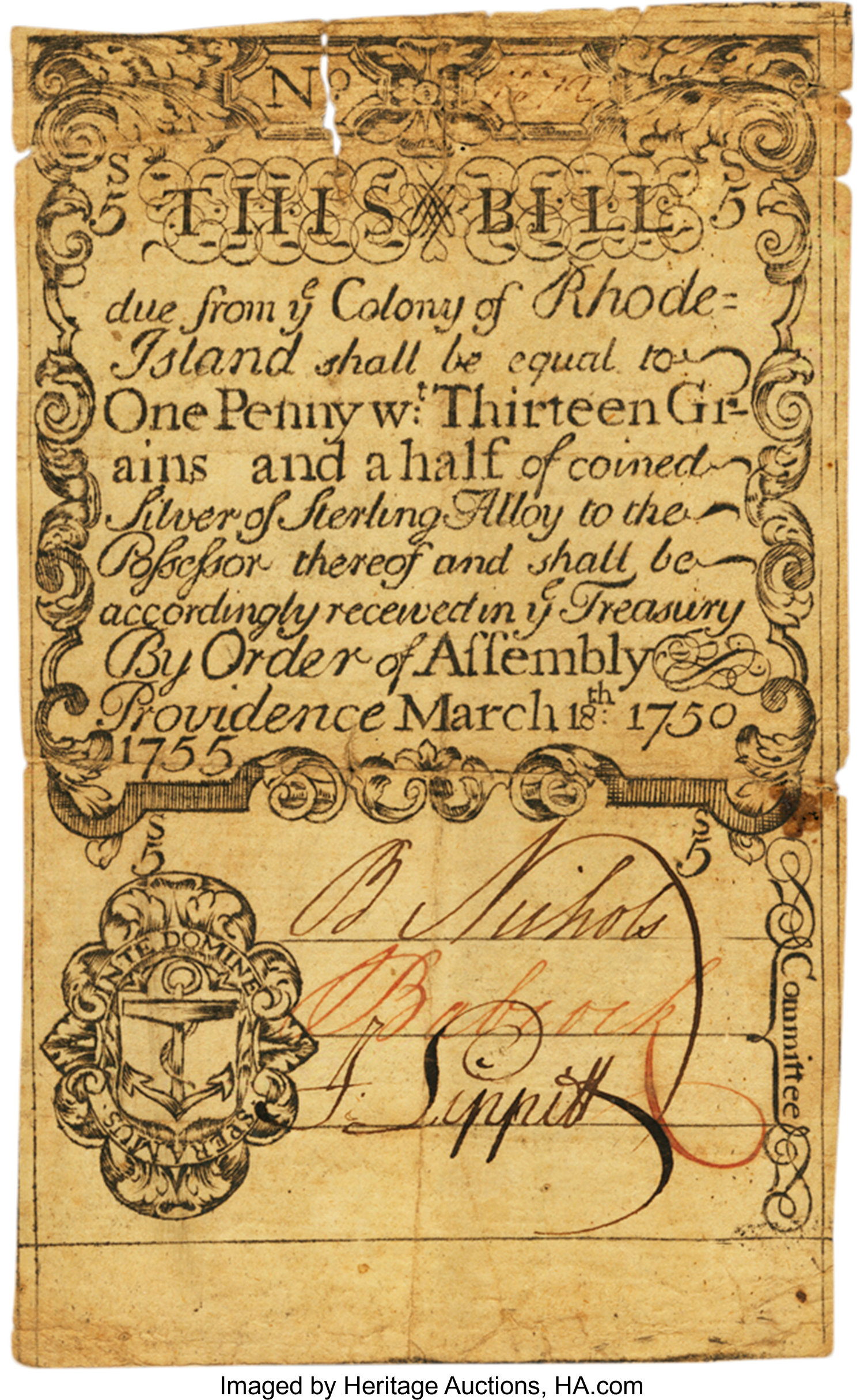 image for: Rhode Island March 18, 1750/51 Redated 1755 1 Dwt. 13.5 Gr. (5 Shillings Old Tenor) Fr. RI-60b. PCGS Very Fine 25 Apparent....