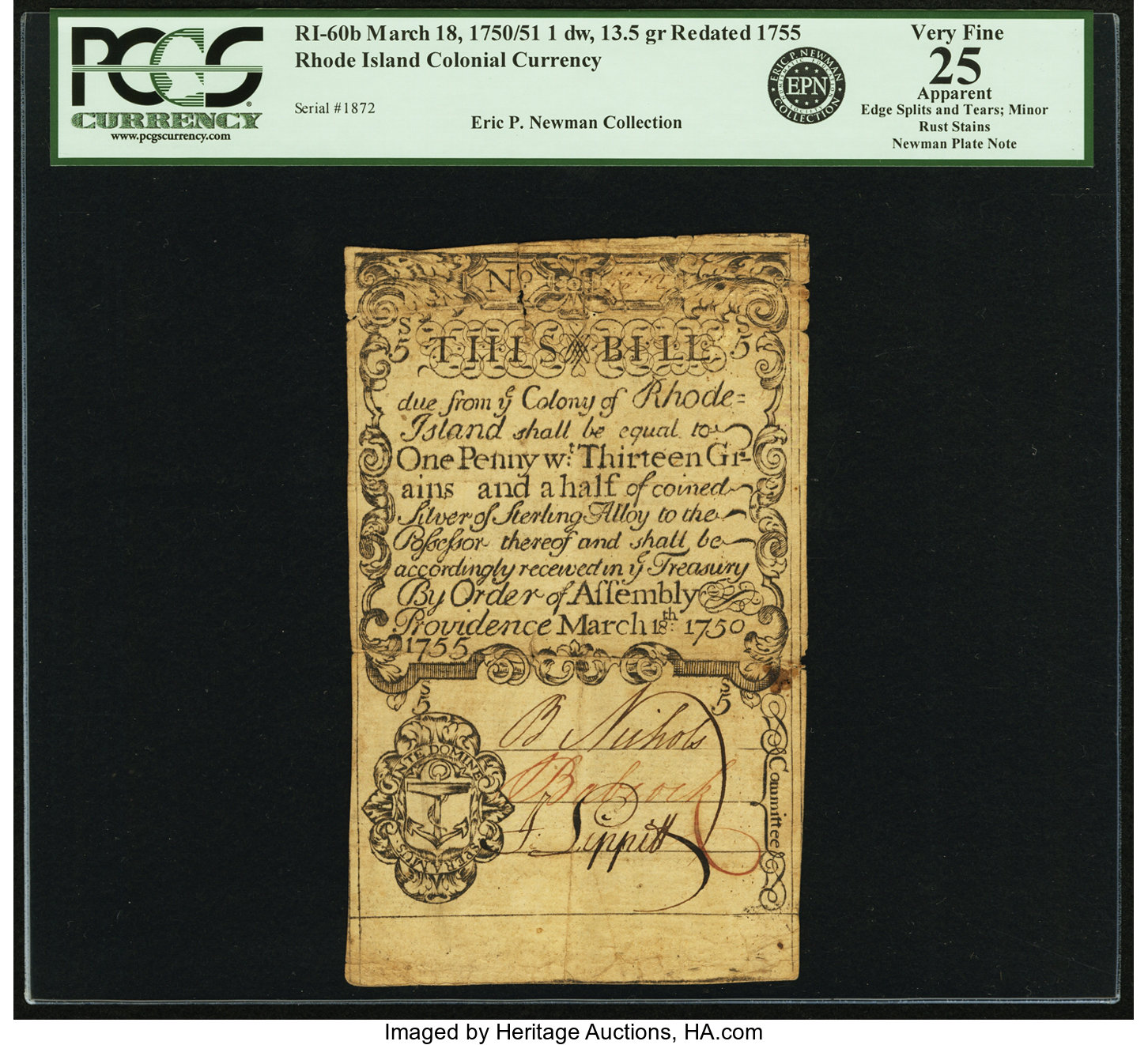 image for: Rhode Island March 18, 1750/51 Redated 1755 1 Dwt. 13.5 Gr. (5 Shillings Old Tenor) Fr. RI-60b. PCGS Very Fine 25 Apparent....
