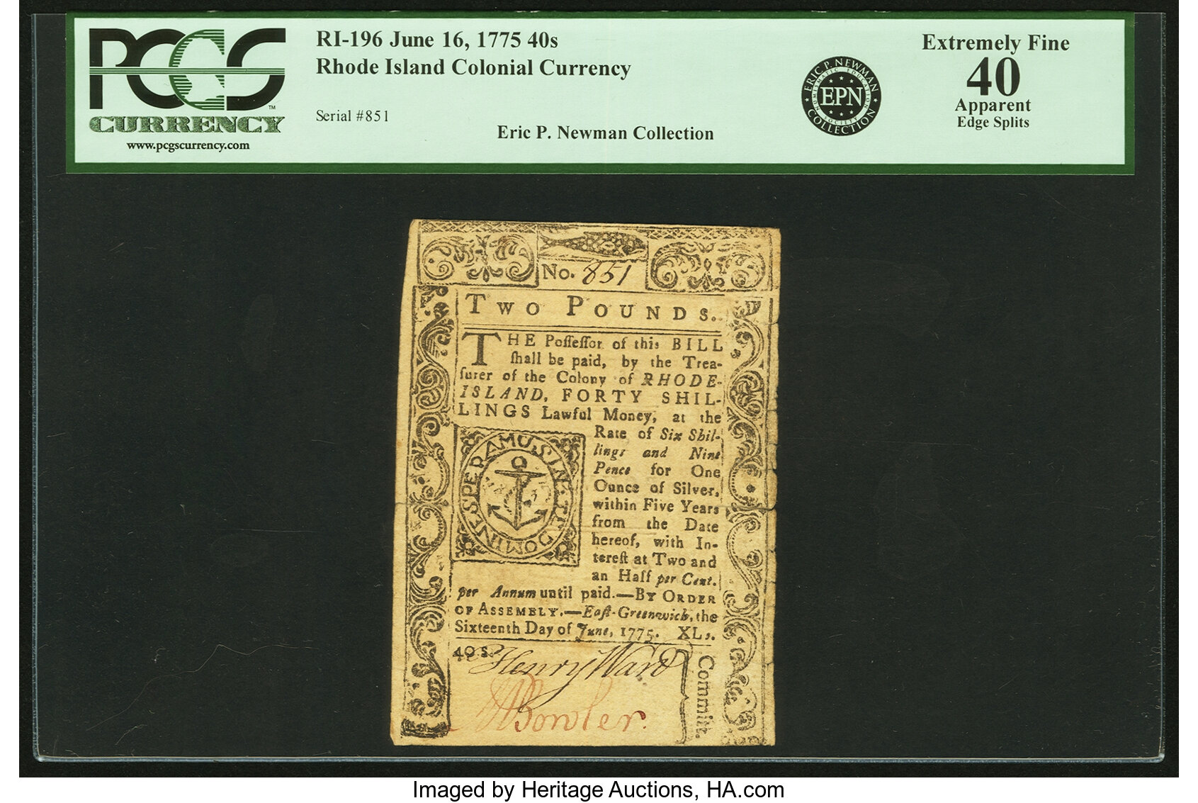 image for: Rhode Island June 16, 1775 40 Shillings Fr. RI-196. PCGS Extremely Fine 40 Apparent....
