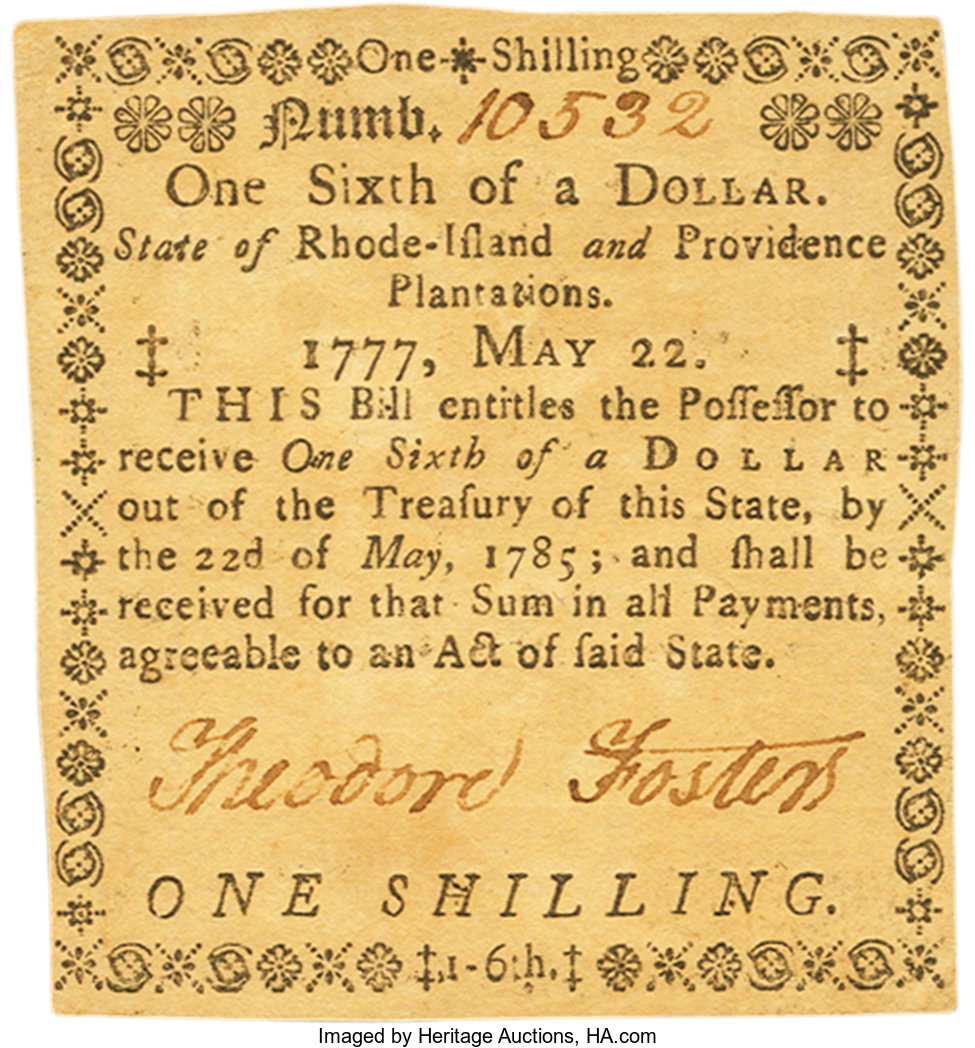 image for: Rhode Island May 22, 1777 $1/6 Fr. RI-270. PCGS Choice About New 58PPQ....