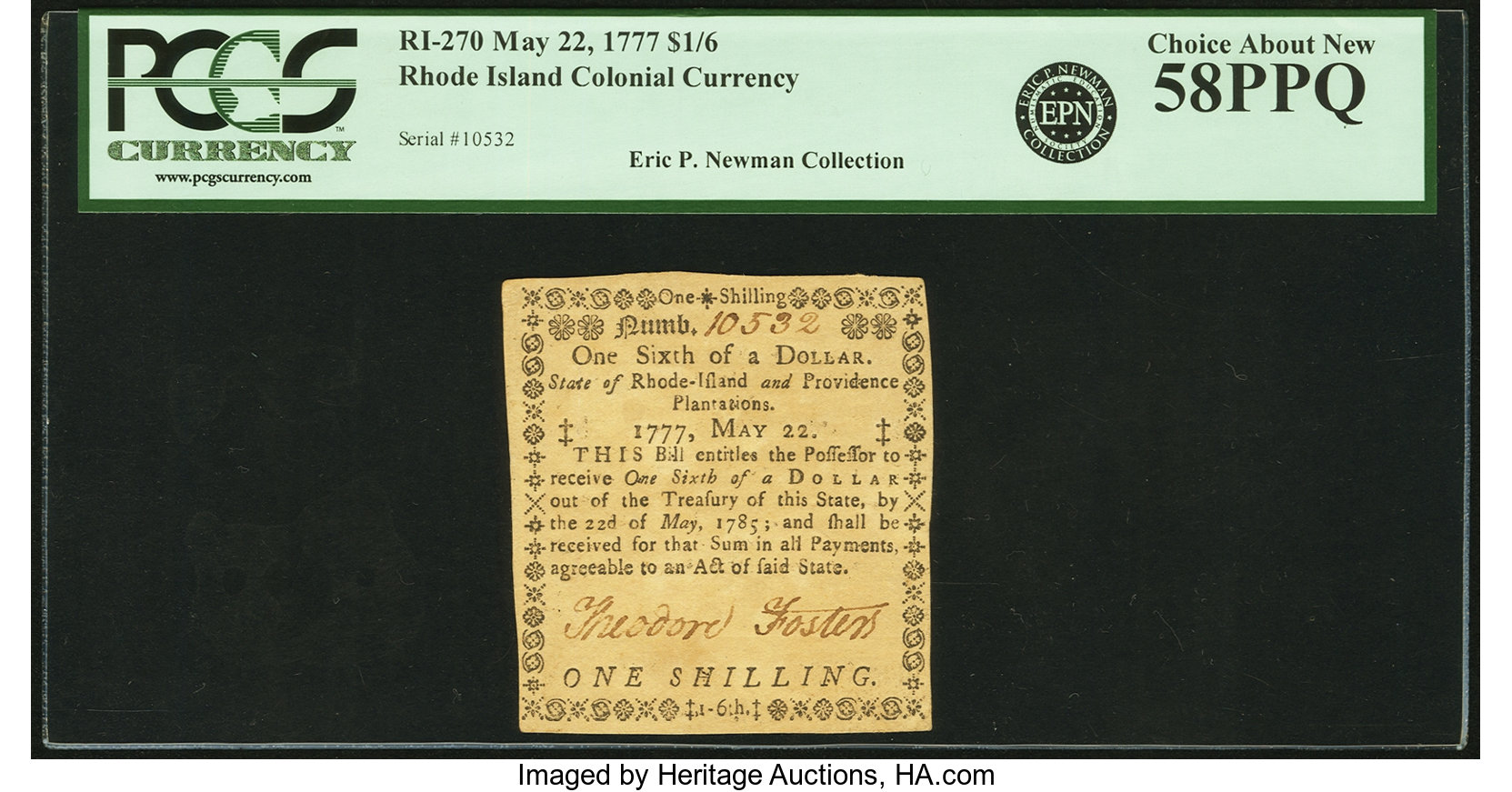 image for: Rhode Island May 22, 1777 $1/6 Fr. RI-270. PCGS Choice About New 58PPQ....