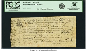 image for: Virginia April 1, 1773 5 Pounds James River Bank Form Fr. VA-64. PCGS Very Fine 30 Apparent....