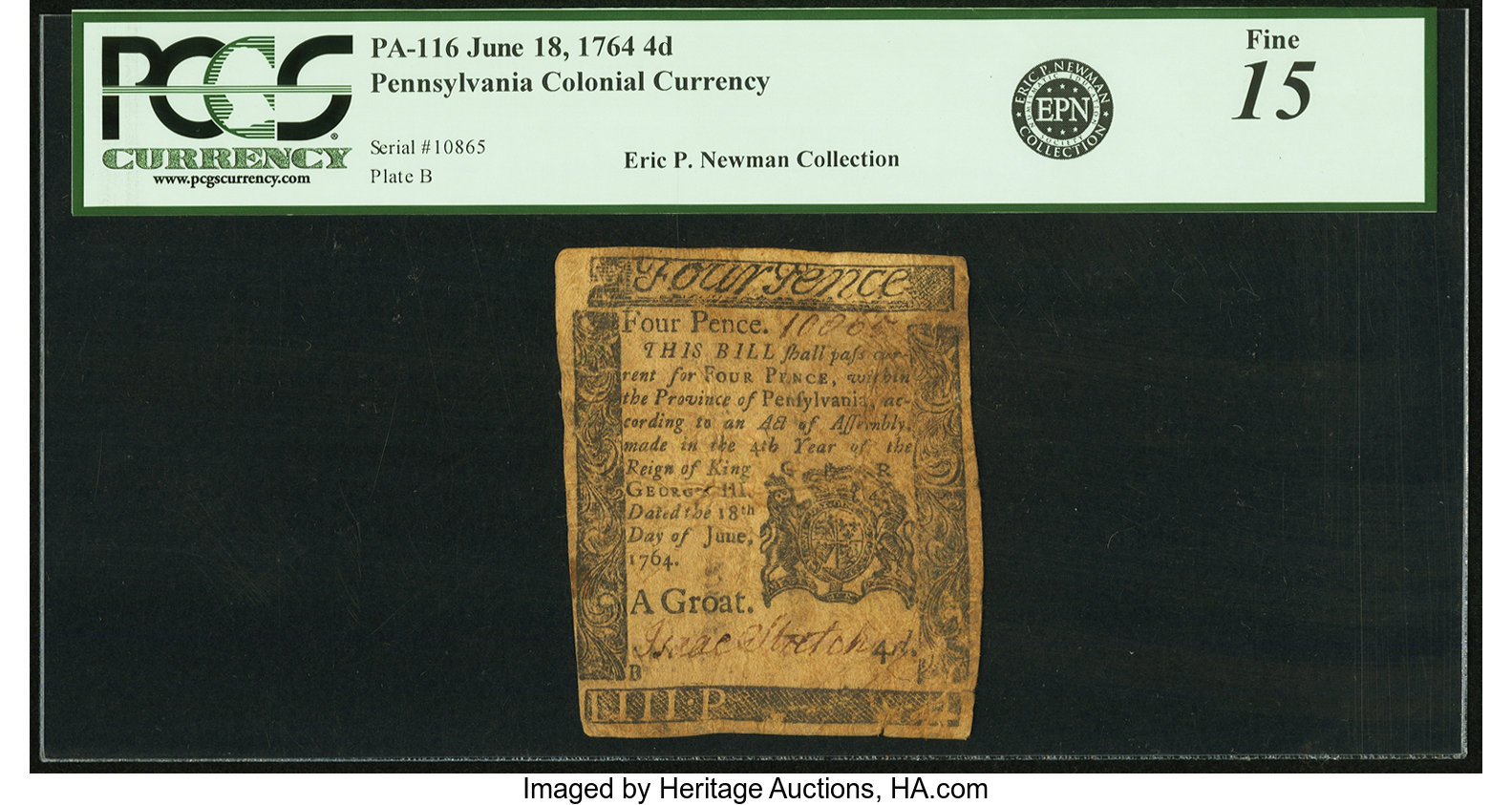 image for: Pennsylvania June 18, 1764 4 Pence Fr. PA-116. PCGS Fine 15 Apparent....