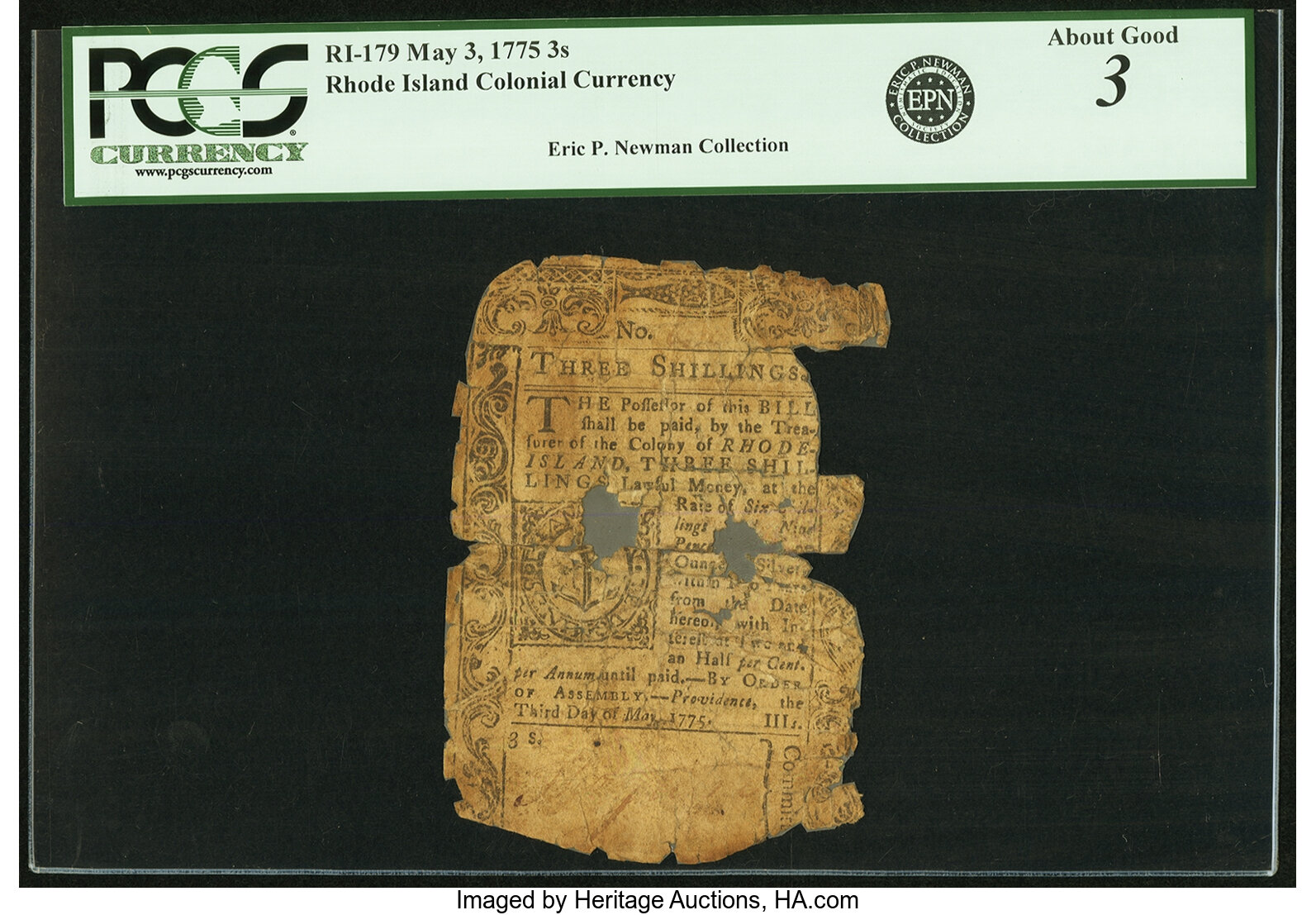 image for: Rhode Island May 3, 1775 3 Shillings Fr. RI-179. PCGS About Good 3 Apparent....
