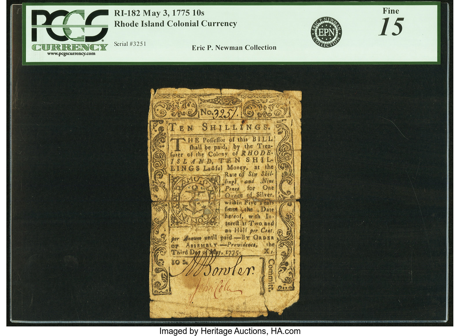image for: Rhode Island May 3, 1775 10 Shillings Fr. RI-182. PCGS Fine 15 Apparent....