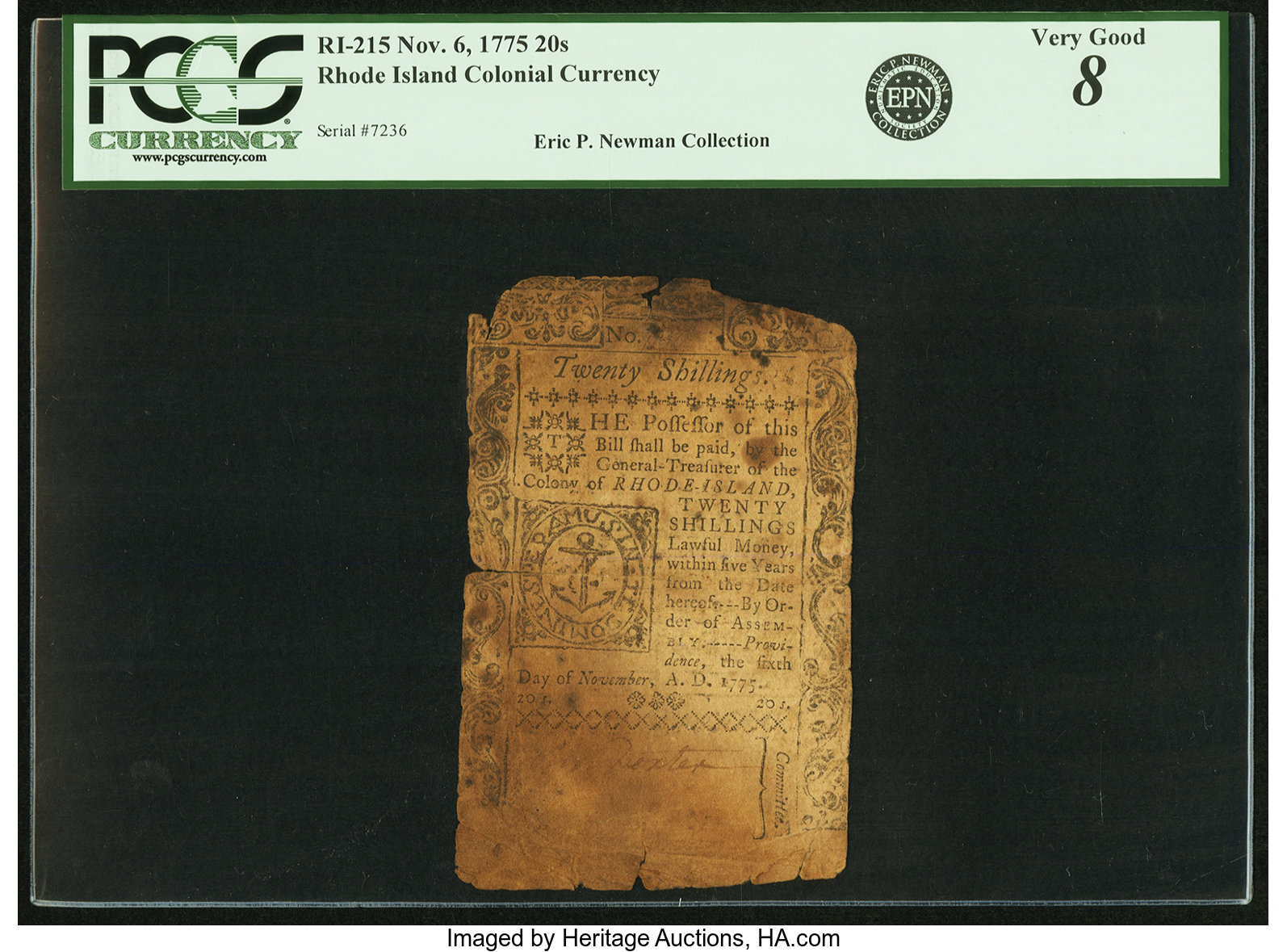 image for: Rhode Island November 6, 1775 20 Shillings Fr. RI-215. PCGS Very Good 8 Apparent....