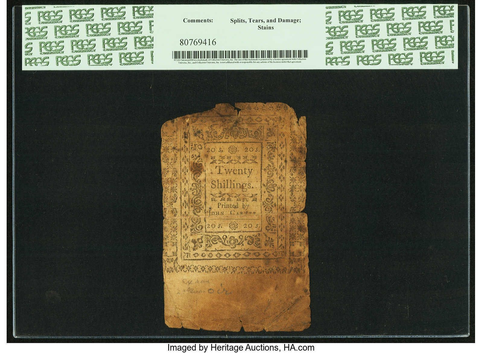 image for: Rhode Island November 6, 1775 20 Shillings Fr. RI-215. PCGS Very Good 8 Apparent....