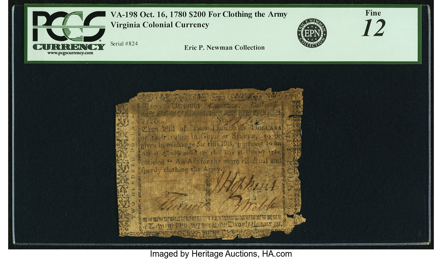 image for: Virginia October 16, 1780 $200 "clothing the Army" Fr. VA-198. PCGS Fine 12 Apparent....