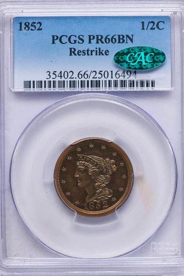 1852 Braided Hair Half Cent Second Restrike - Proof Only Early Copper Half  Penny Coin Value Prices, Photos & Info