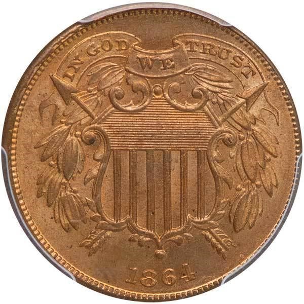 image for: 2C 1864 SMALL MOTTO. PCGS MS64+ RD CAC