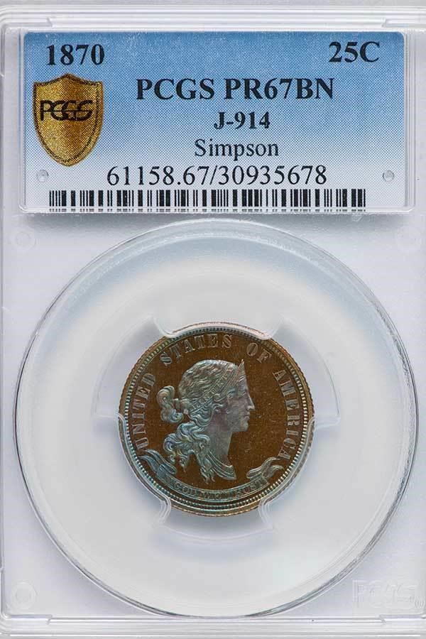 image for: 25C 1870 J-914. PCGS PR67 BN EX SIMPSON