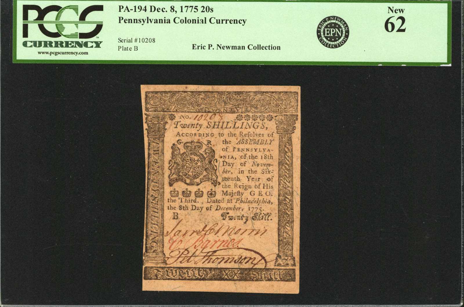 image for: PA-194. Pennsylvania. Dec. 8, 1775. 20 Shillings. PCGS New 62.