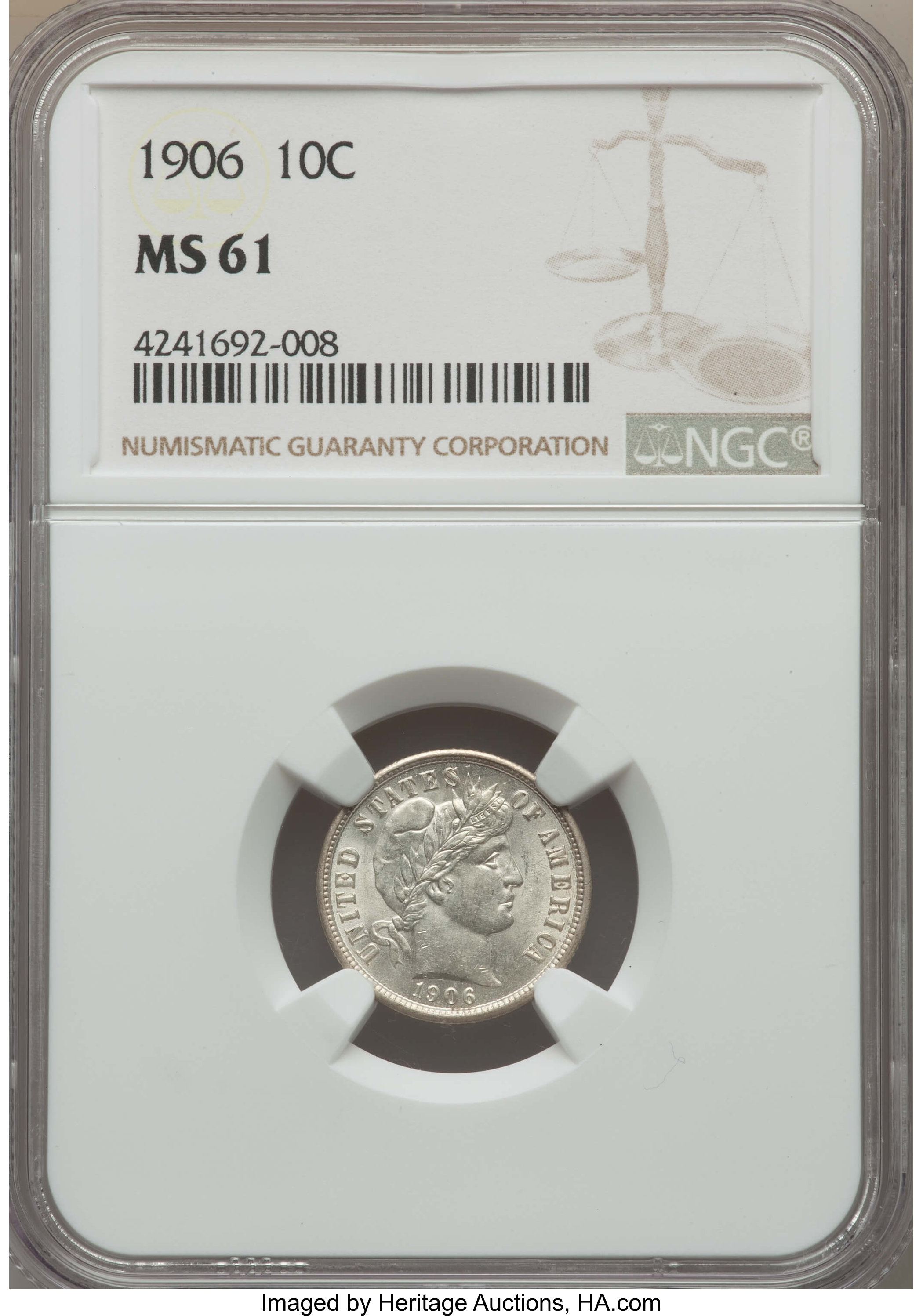 1906 10C MS61 NGC. NGC Census: (14/285). PCGS Population: (12/374). CDN: $100 Whsle. Bid for problem-free NGC/PCGS MS61. Mi...